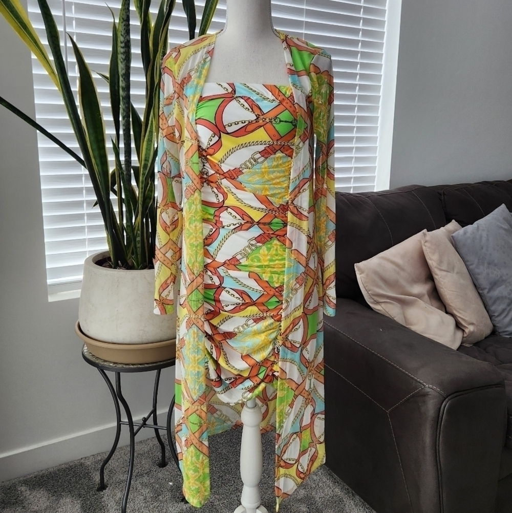 Jolie & Joy Midi Dress Set. Yellow Combo. Ruched. Mesh Cardigan. Tube Dr… - Picture 3 of 11